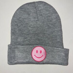 Gray Beanie with Pink Smiley Patch